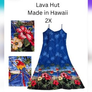 Lava Hut 2X Hawaiian Maxi Dress Parrot Floral Made In Hawaii Blue Red AR-1576